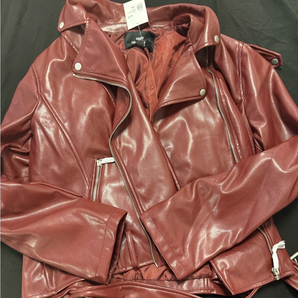 Forever 21 Burgundy Leather Jacket with Silver Details